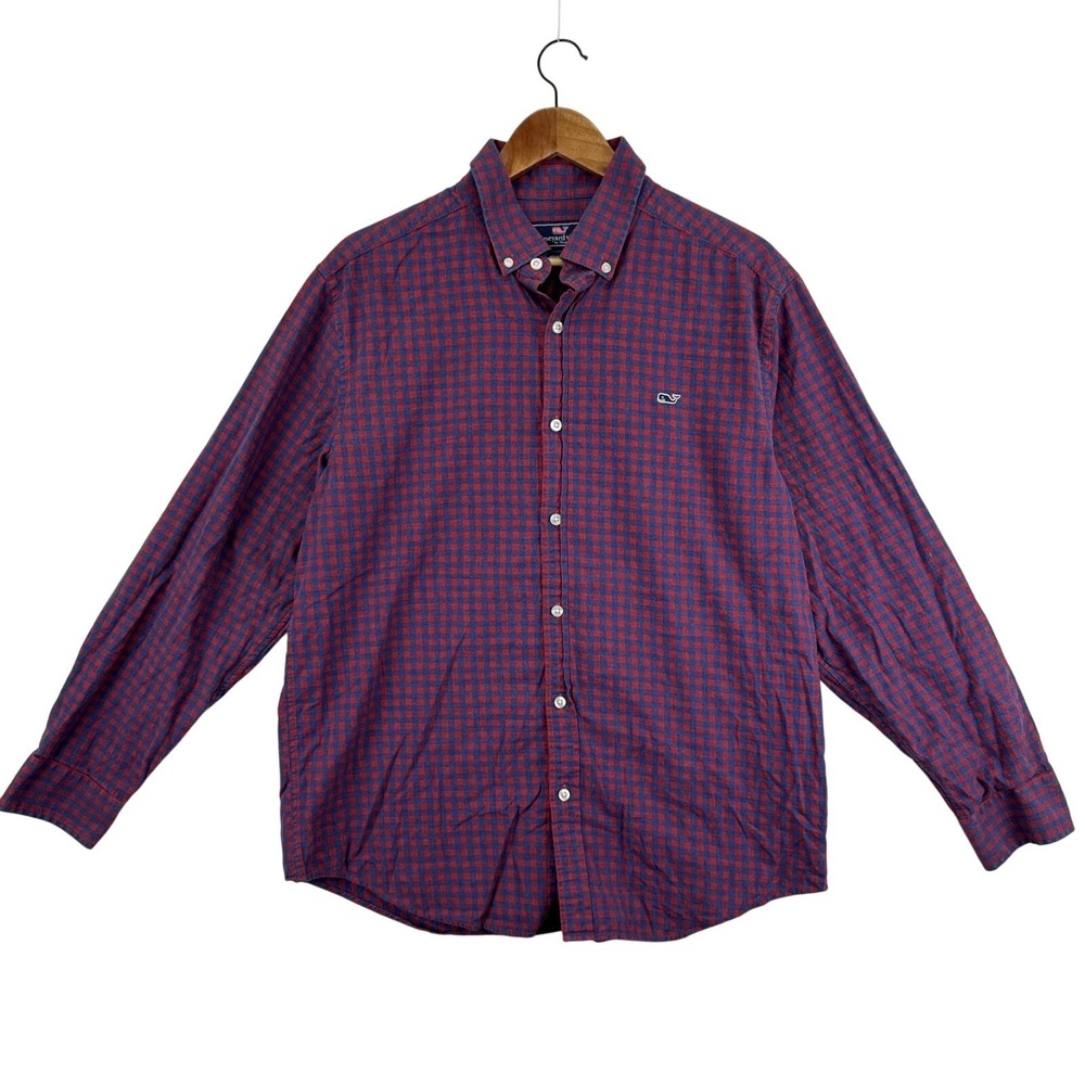 Vineyard Vines Shirt Mens Large Red Blue Whale Logo Button‎ Down Plaid Gingham